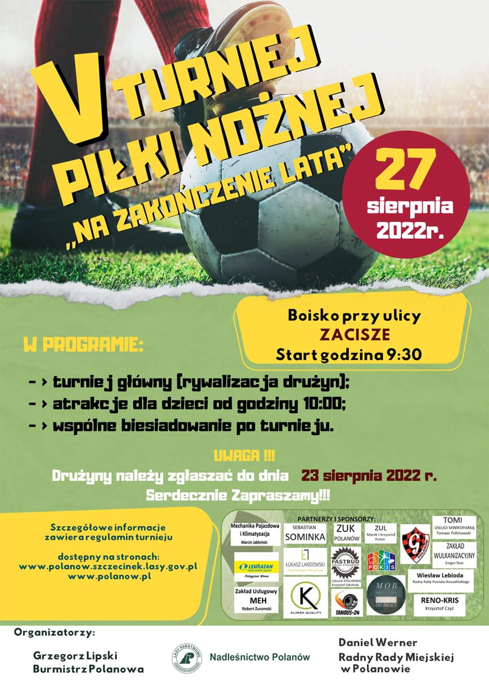 Plakat z zaproszeniem na piąty turniej piłki noznej w Polanowie 23 sierpnia 2022