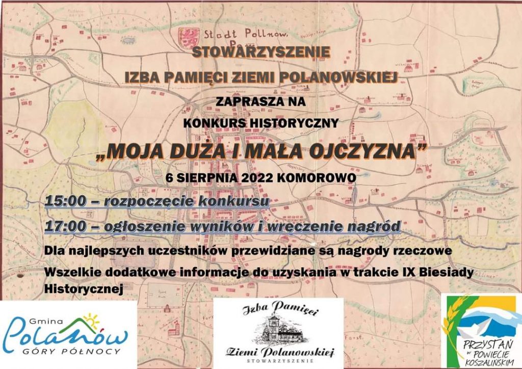 Plakat zapraszający do udziału w konkursie historycznym podczas Biesiady Komorowskiej w dniu 6 sierpnia 2022