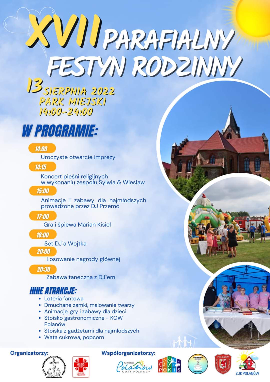 Plakat zapraszający na 17 parafialny festyn rodzinny 13 sierpnia 2022 w Parku Miesjkim w Polanowie od godziny 14