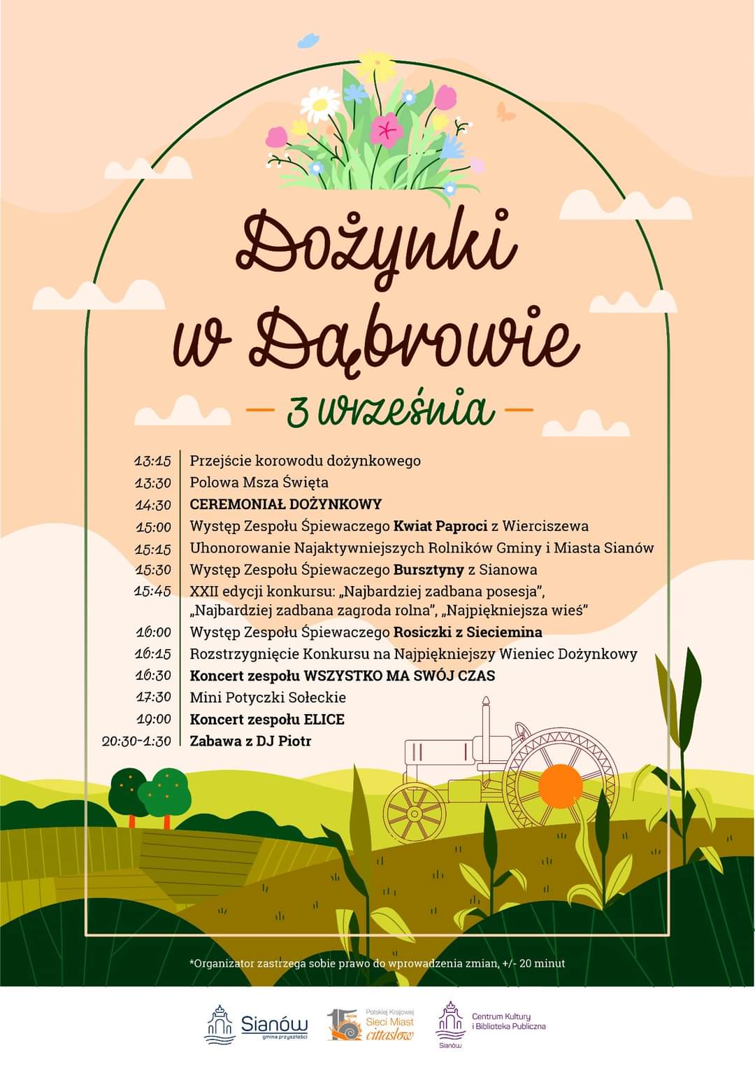 Plakat zapraszający na Dozynki w Dąbrowie 3 września 2022