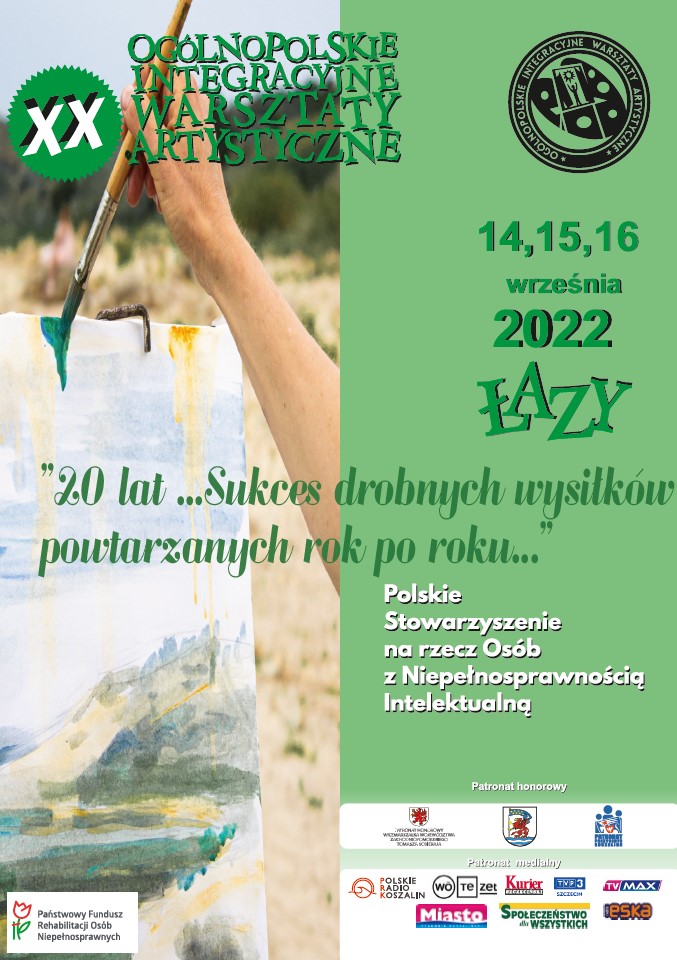 Plakat zapraszający na Ogólnopolskie Integracyjne Warsztaty Artystyczne w dniach od 14 do 16 wrzesnia 2022 w Łazach