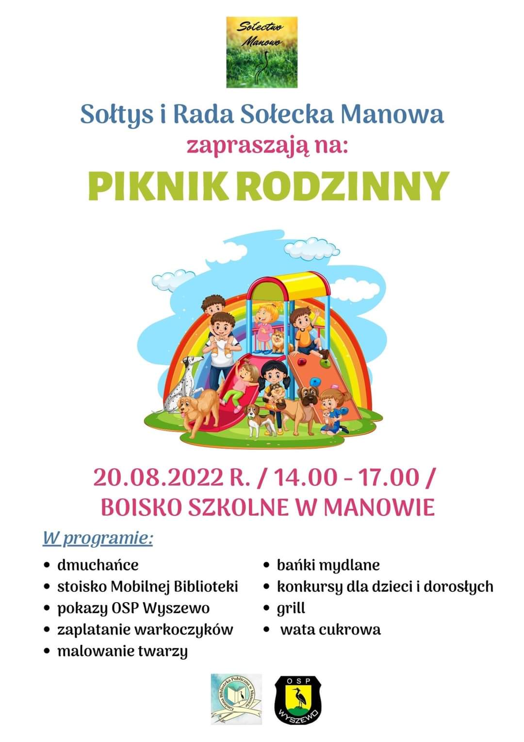 Plakat zapraszający na Piknik Rodzinny 20 sierpnia 2022 na boisku szkolnym w Manowie