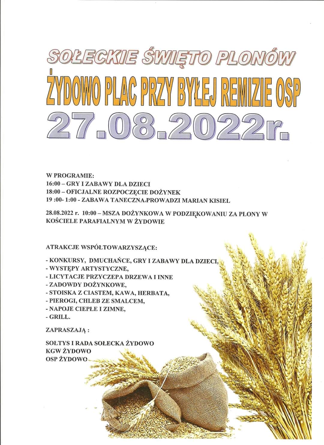 Plakat zapraszajacy na Sołeckie Święto Plonów w Żydowie 27 sierpnia 2022