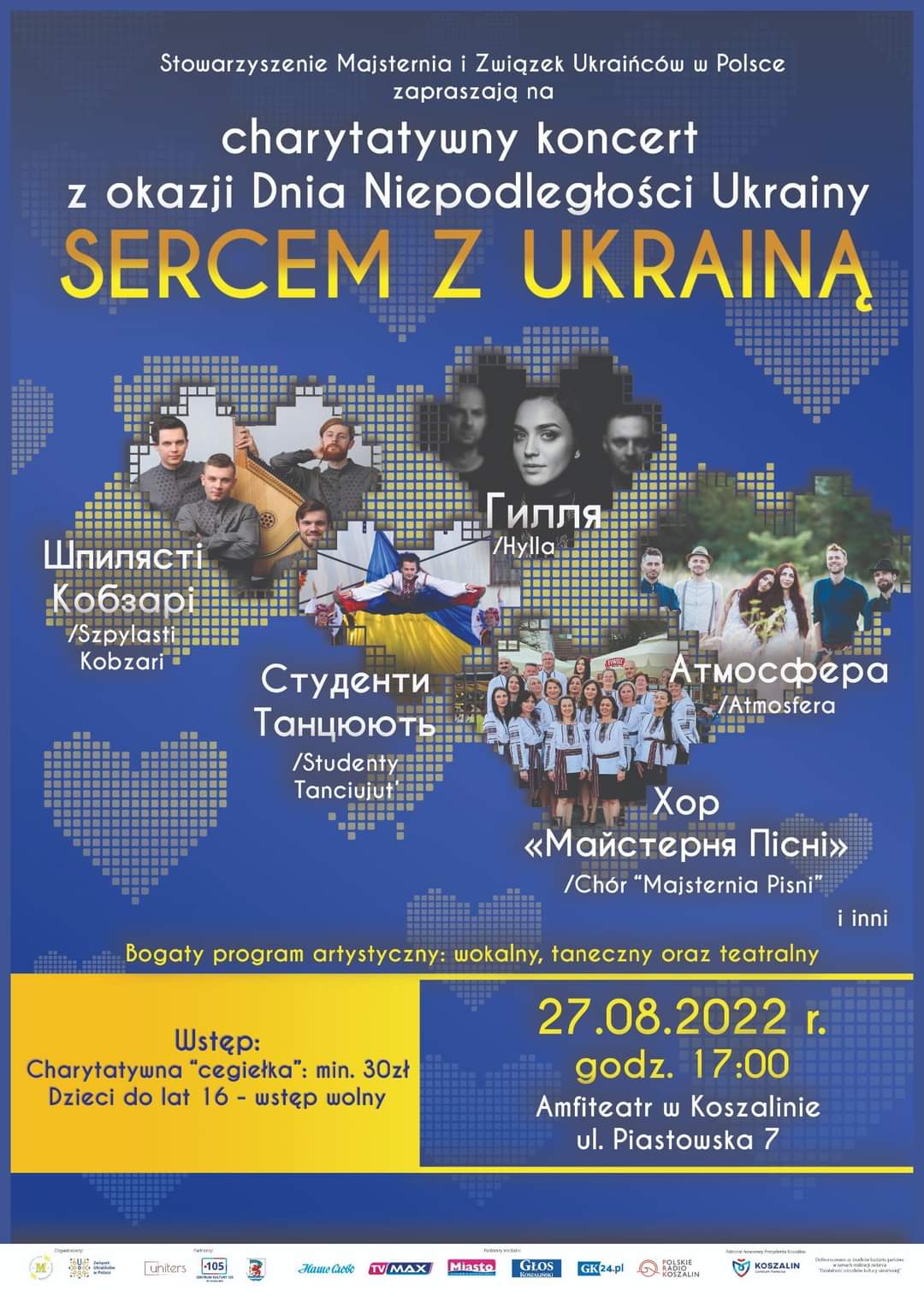 Plakat zapraszający na charytatywny koncert z okazji Dnia Niepodległości Ukrainy 27 sierpnia 2022
