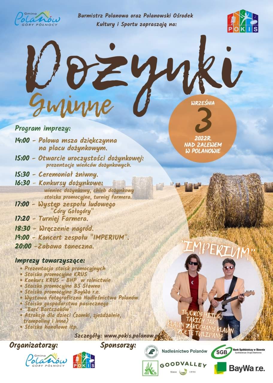 Plakat zapraszający na dozynki gminne 3 września 2022 nad Zalewem w Polanowie