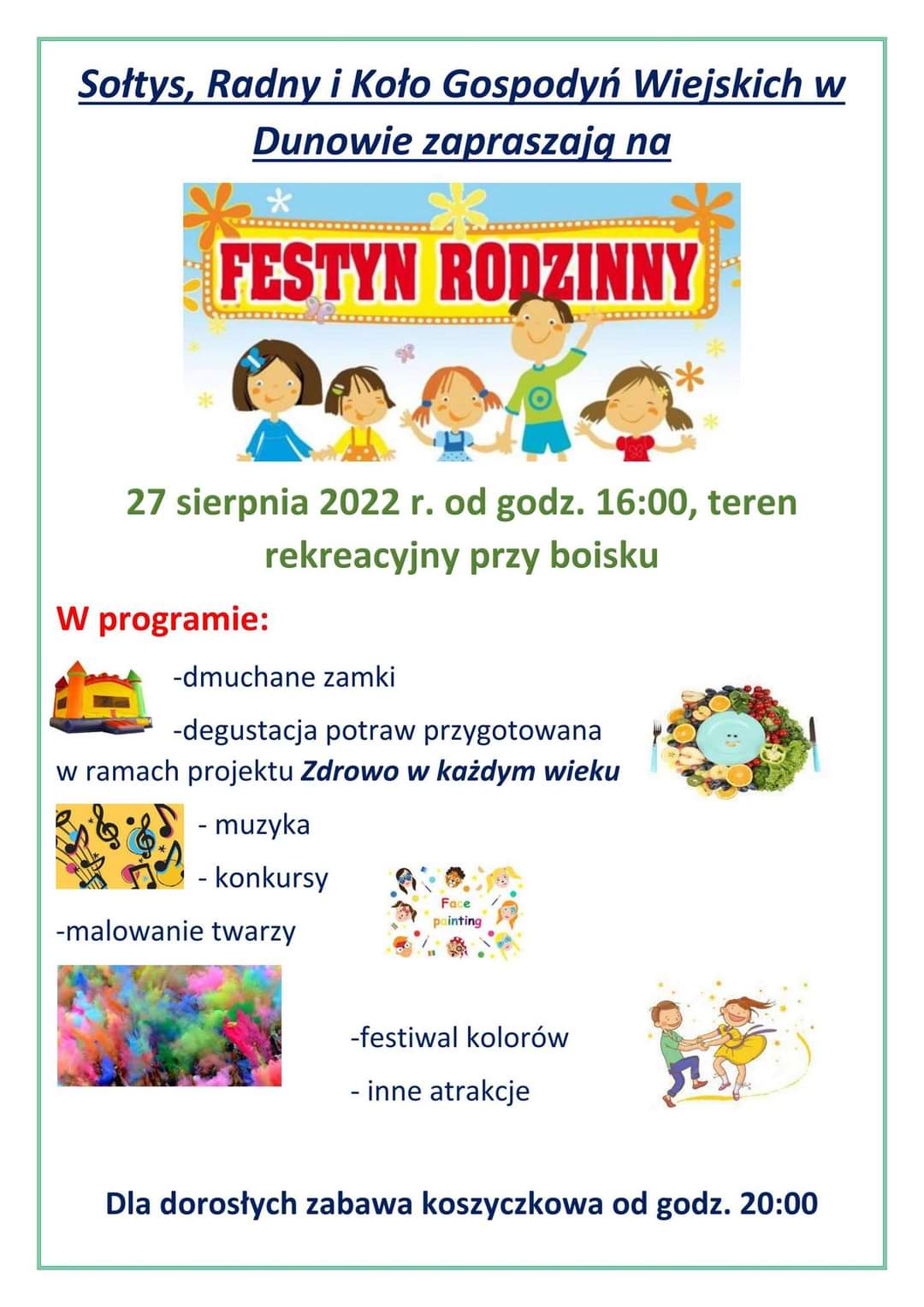 Plakat zapraszający na festyn rodzinny w Dunowie 27 sierpnia 2022