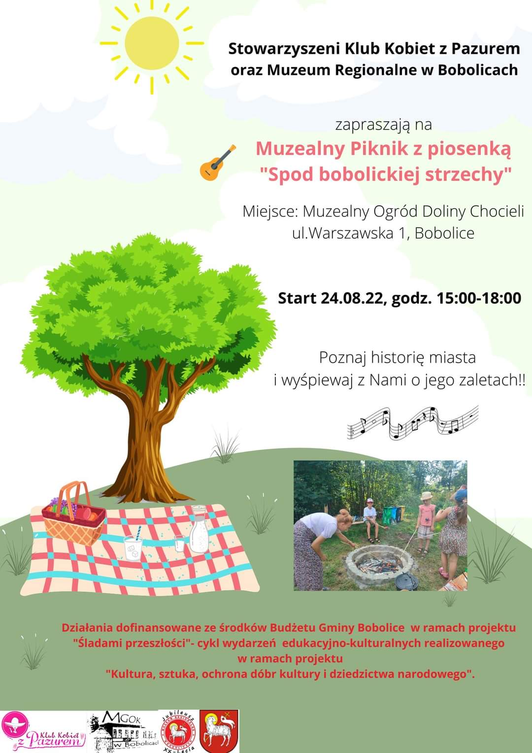 Plakat zapraszający na muzealny piknik z piosenką w Bobolicach 24 sierpnia 2022