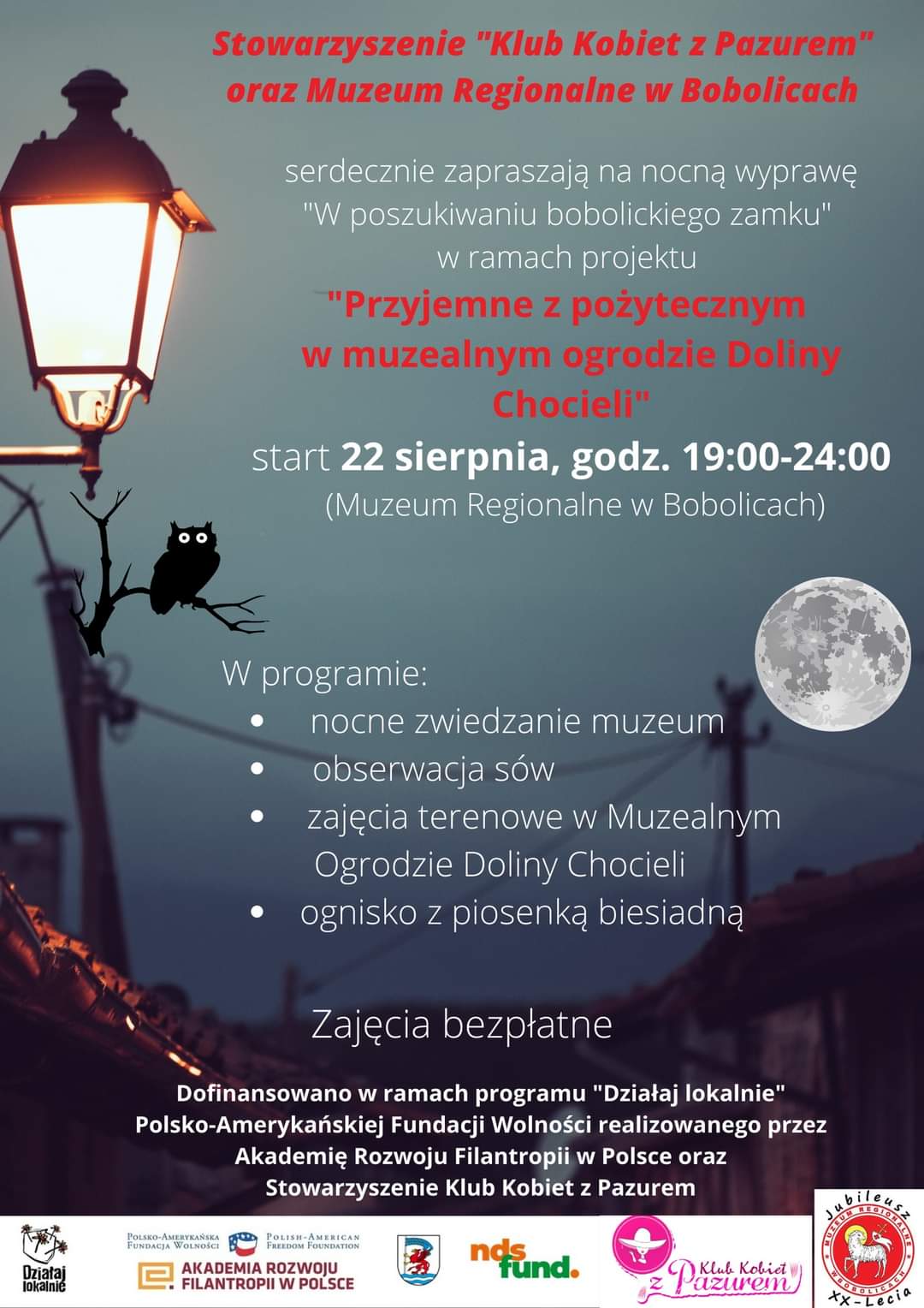 Plakat zapraszający na nocna wyprawę w poszukiwaniu bobolickiego zamku 22 sierpnia 2022