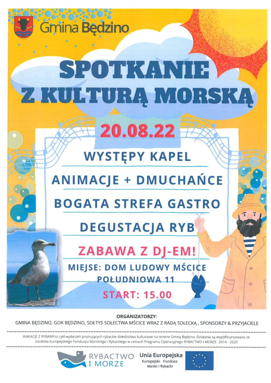Plakat zapraszający na spotkanie z kulturą morską w Mścicach 20 sierpnia 2022 od godziny 15
