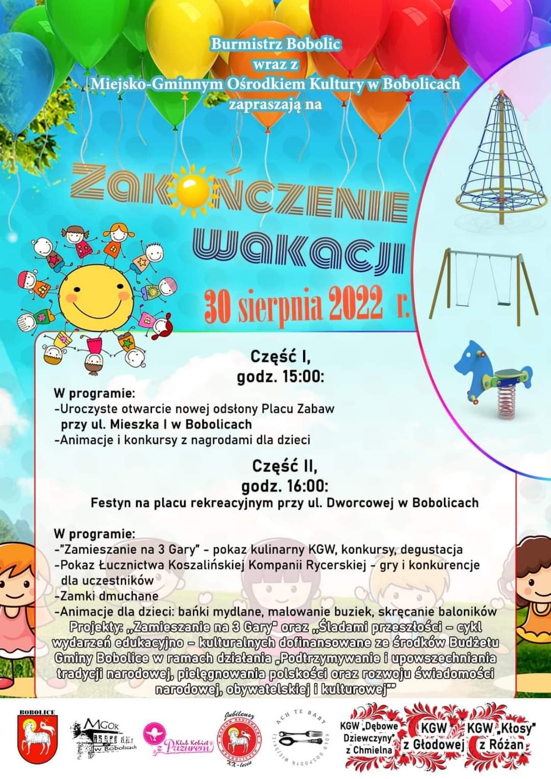 Plakat zapraszajacy na zakończenie wakacji w dniu 30 sierpnia 2022 w Bobolicach
