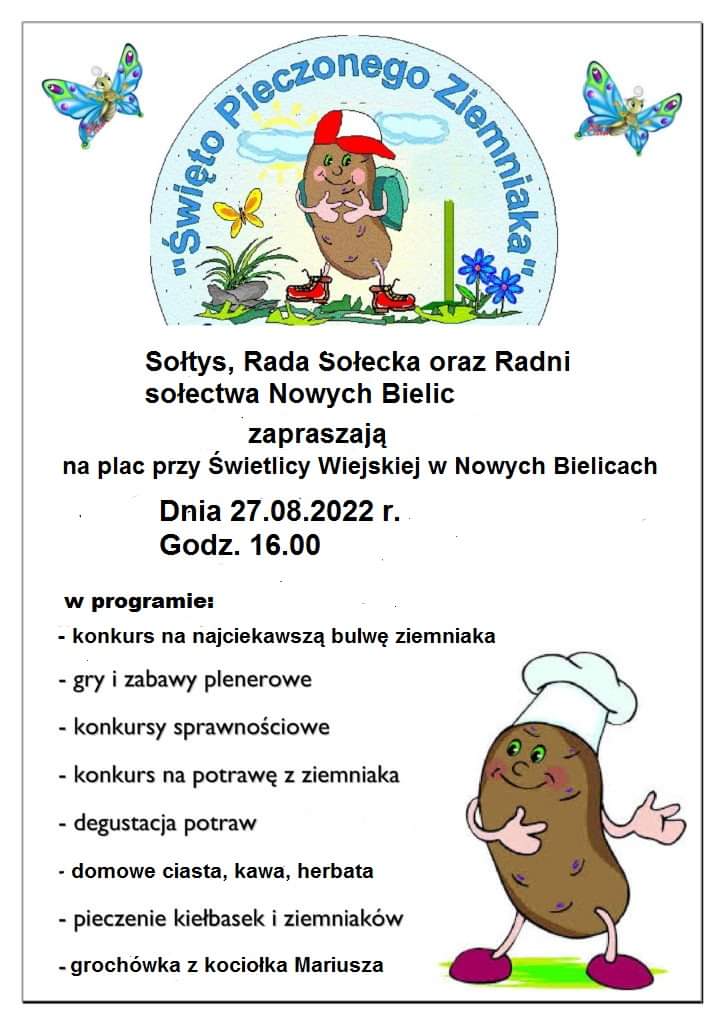 Plakaz zapraszający na święto pieczonego ziemniaka w Nowych Bielicach 27 sierpnia 2022