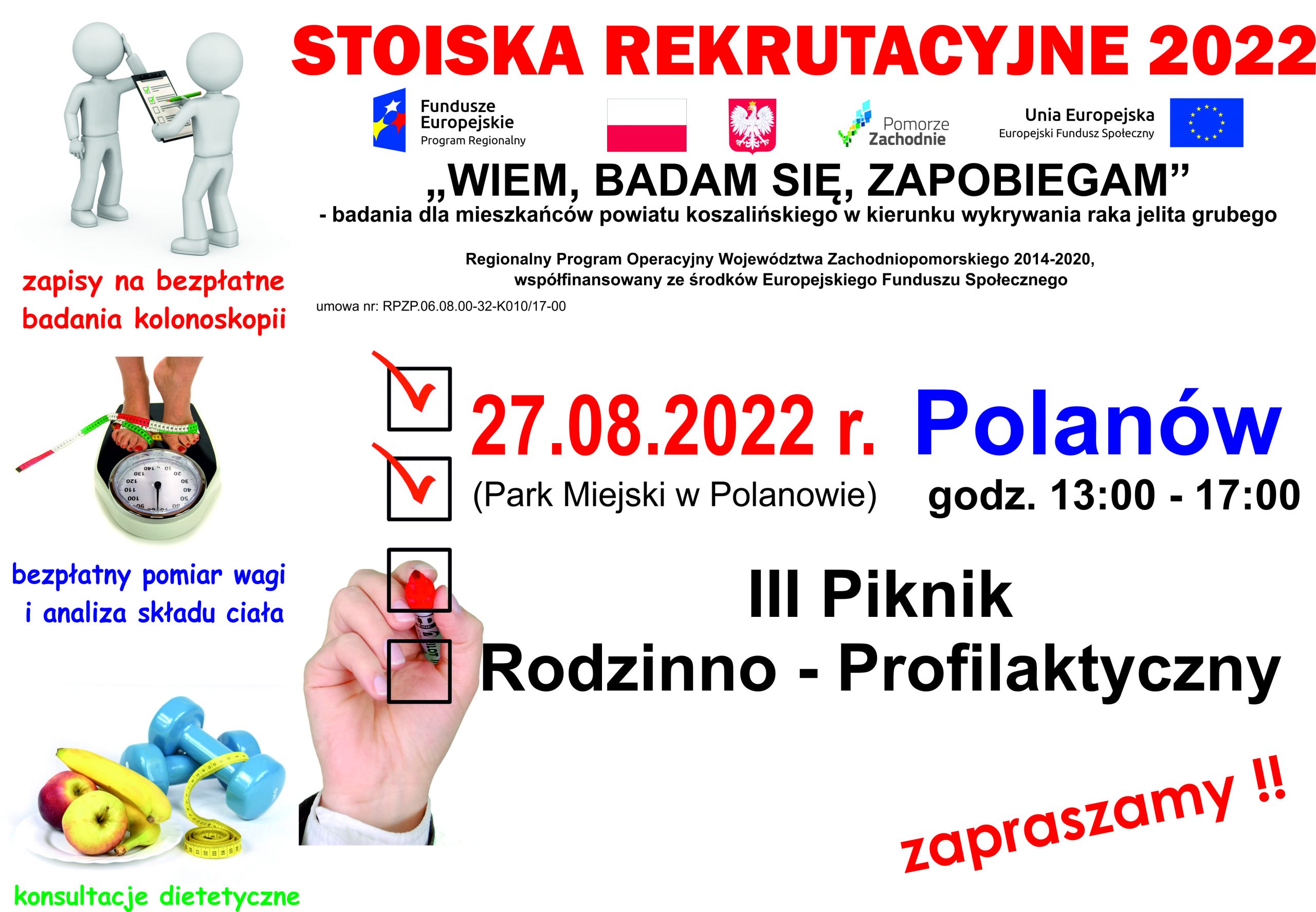 Plakat zapraszający do stoiska rekrutacyjnego projketu i oferty bezpłatnych badań kolonoskopii w dniu 27 sierpnia 2022 od godziny 13 w Polanowie