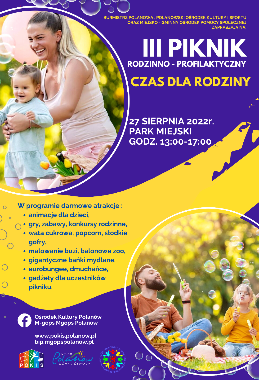 plakat zapraszający do udziału w pikniku rodzinnym w Polanowie 27 sierpnia 2022 od godz. 13 w Parku Miejskim