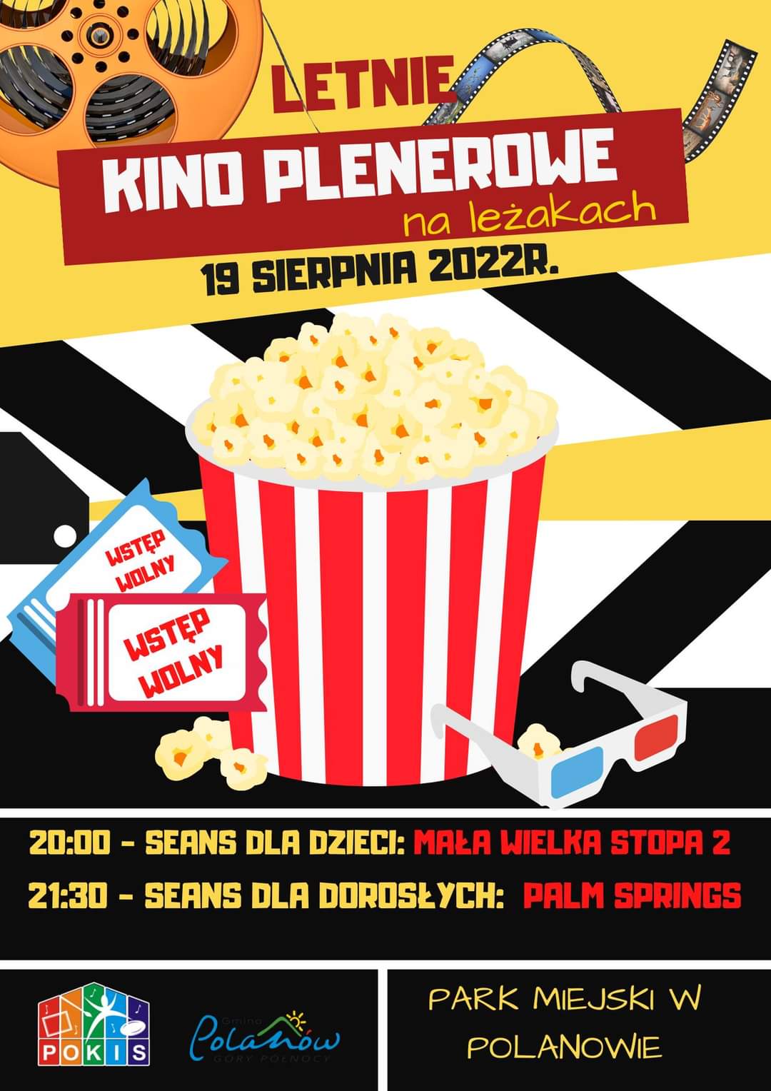 plakat zapraszający na letnie kino plenerowe na leżakach w Parku Miejskim w Polanowie 19 sierpnia 2022