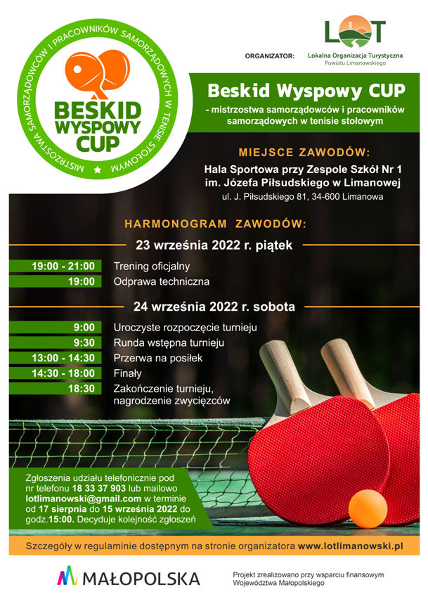 plakat zapraszający na mistrzostwa samorządowców i pracowników samorządowych w tenisie stołowym 23 września 2022 w Limanowej