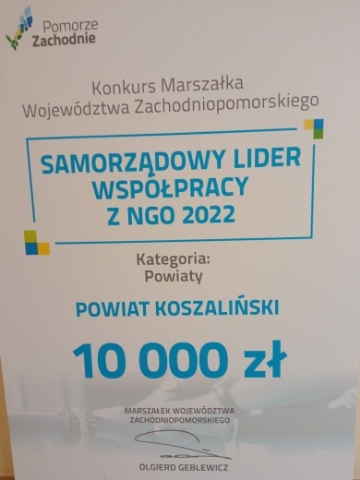 Pierwsza nagroda w konkusie Samorządowy Lider Współpracy z NGO 2022