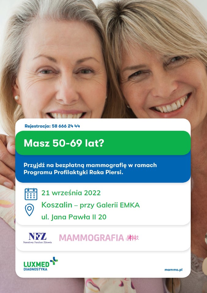 Plakat z zaproszeniem na badania mammografii Koszalin 21 września 2022