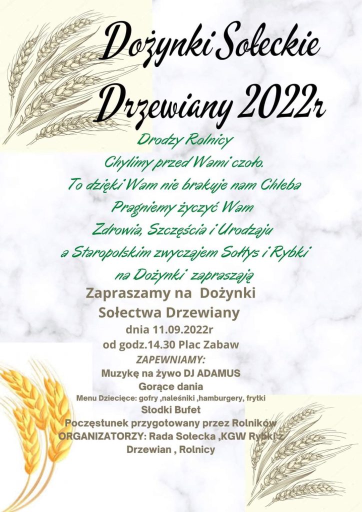 Plakat zapraszający na dozynki sołeckie w Drzewianach 11 września 2022
