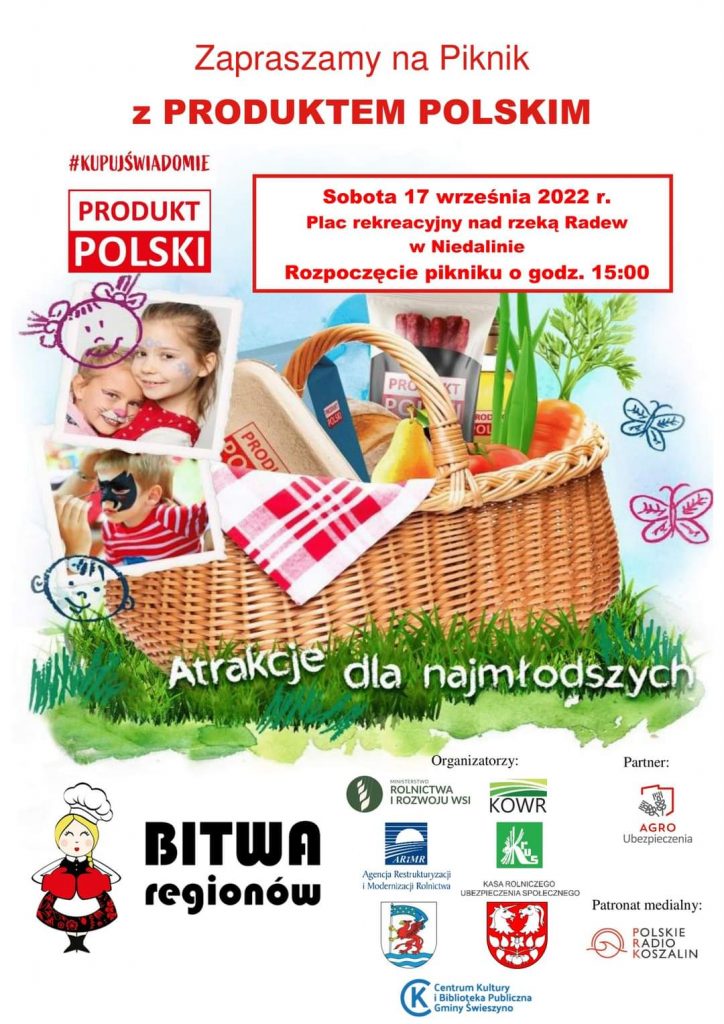 Plakat zapraszajacy na piknik z produktem polskim w dniu 17 września 2022 w Niedalinie od godziny 15