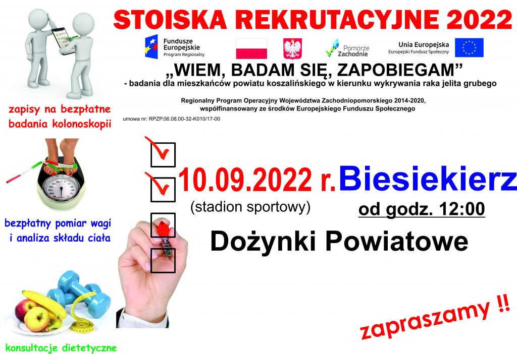 plakat z informacja o stoisku rekrutacyjnym projektu Wiem, Badam sie, Zapobiegam w Biesiekierzu 10.09.2022