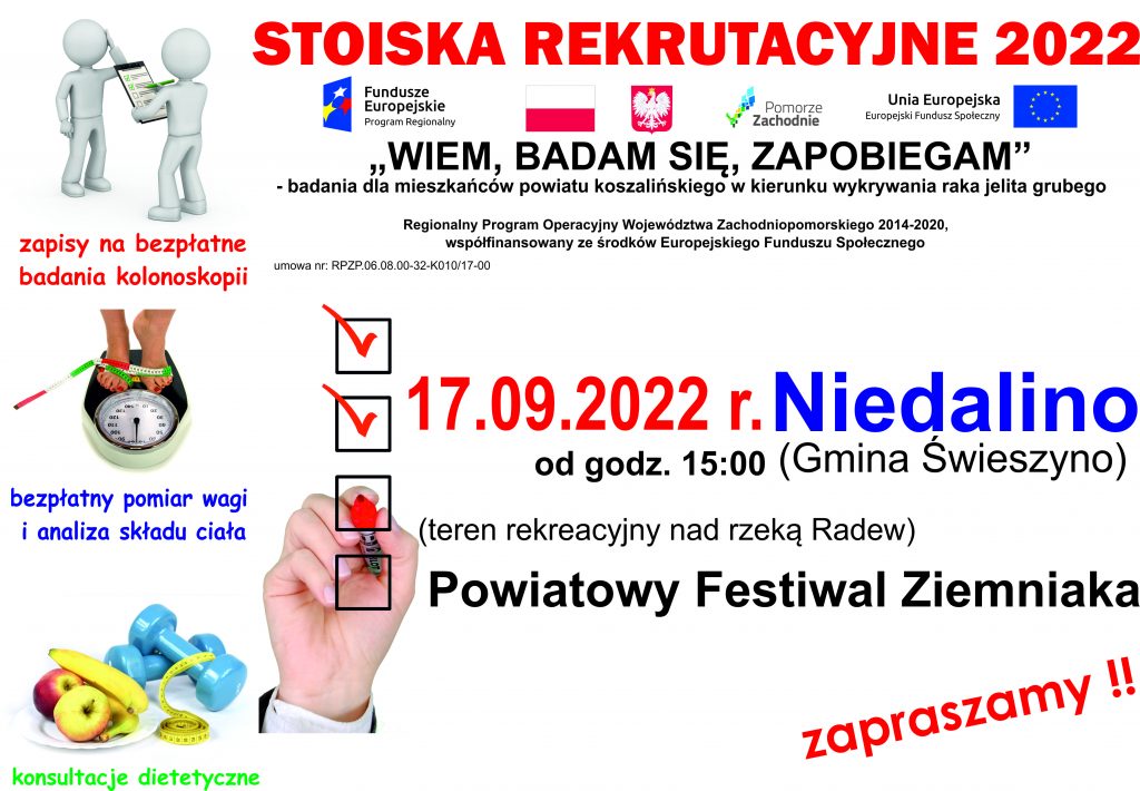 plakat z informacja o stoisku rekrutacyjnym projektu Wiem, Badam sie, Zapobiegam w Niedalinie 17.09.2022