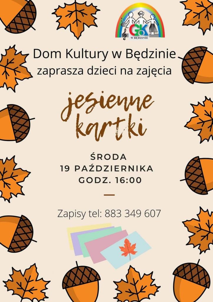 Plakat jesienne kartki zajęcia dla dzieci w GOK Będzino 19 października 2022