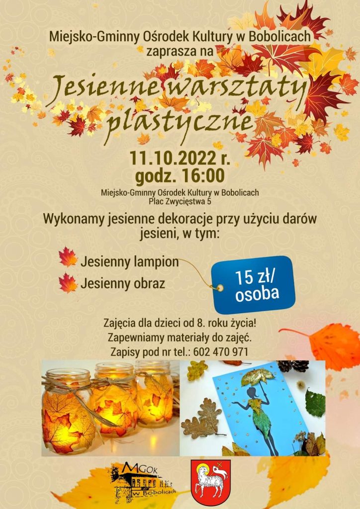 Plakat jesienne warsztaty plastyczne w Bobolicach 11 października 2022 od godziny 16
