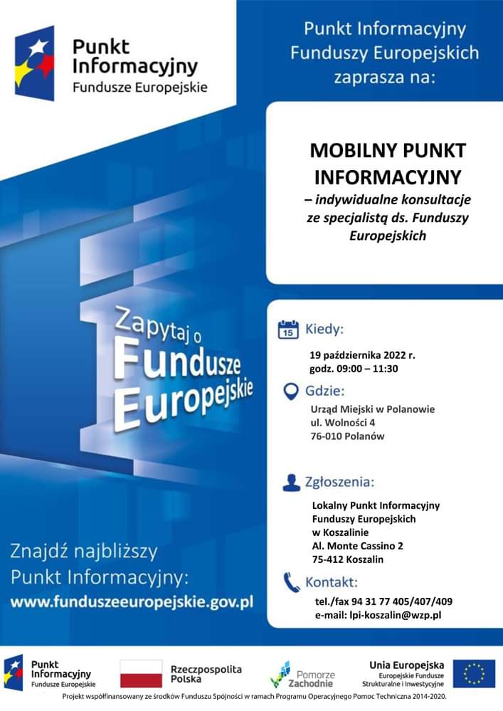 Plakat mobilny punkt informacyjnny funduszy europejskich Polanów 19 października 2022