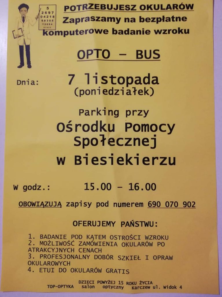 Opto Bus w Biesiekierzu plakat z informacją