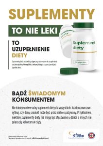 Plakat z hasłem suplementy to nie leki to uzupełnienie diety bądź świadomym konsumentem