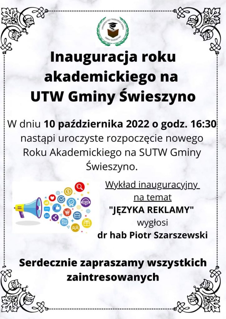 Plakat z informacją o inauguracji roku akademickiego na UTW Gminy Świeszyno 10 października 2022