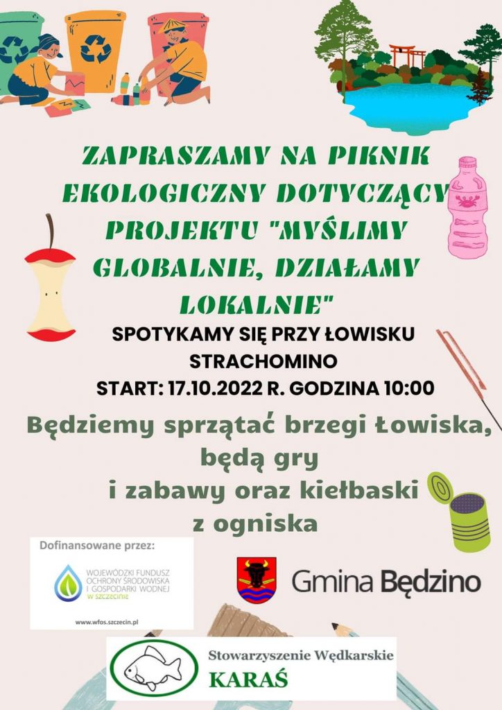 Plakat z zaproszeniem do udziału w pikniku ekologicznym 17 października 2022 Będzino