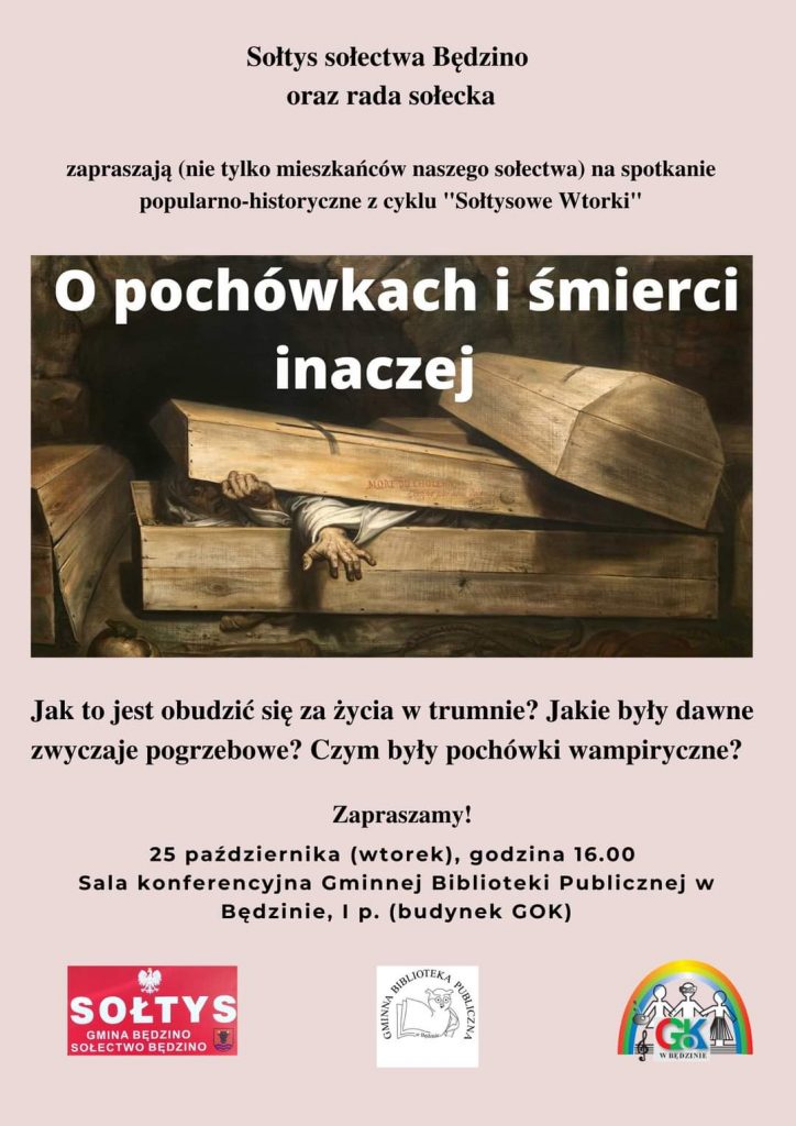 Plakat z zaproszeniem na spotkanie popularno historyczne w Będzinie 25 października 2022