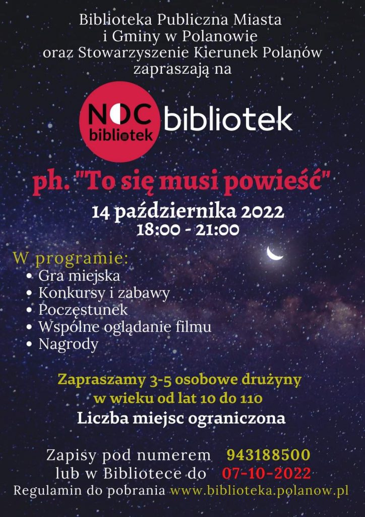 Plakat zapraszający do udziału w nocy bibliotek w Polanowie w dniu 14 października 2022 od godziny 18