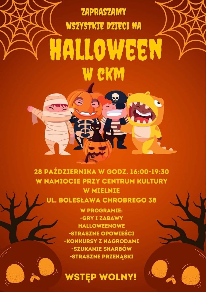 Plakat zapraszający na halloween w Centrum Kultury w Mielnie 28 października 2022