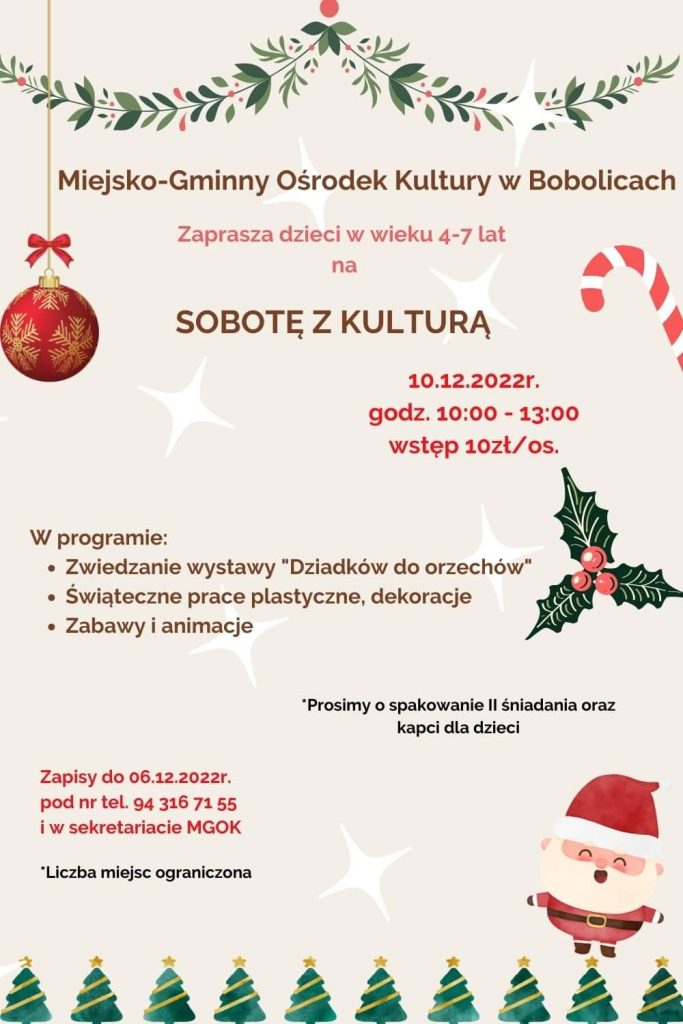 Plakat z zaproszeniem dla dzieci na sobotę z kulturą 10 grudnia 2022 w Bobolicach