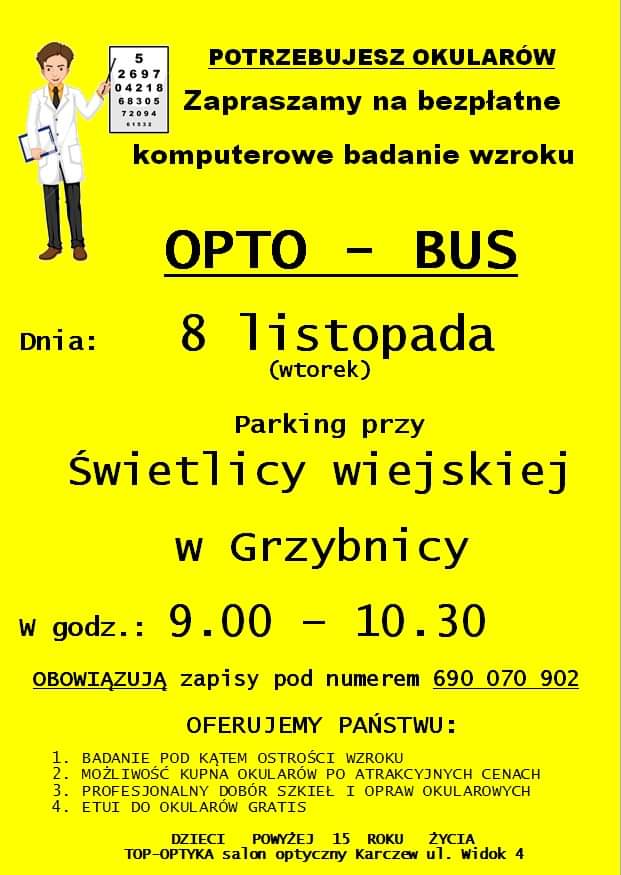 Plakat z zaproszeniem na bezpłatne komputerowe badanie wzroku 8 listopada 2022 w Grzybnicy