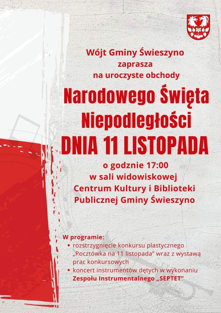 Plakat z zaproszeniem na obchody Narodowego Święta Niepodległości 11 listopada 2022 w Świeszynie
