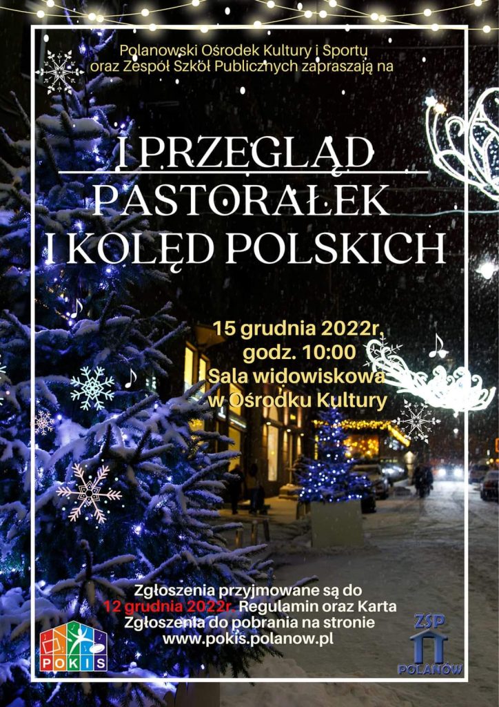 Plakat z zaproszeniem na przegląd kolęd i pastorałek 15 grudnia 2022 w Polanowie