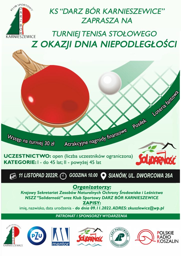 Plakat z zaproszeniem na turniej tenisa stołowego z okazji dnia niepodległości w Sianowie