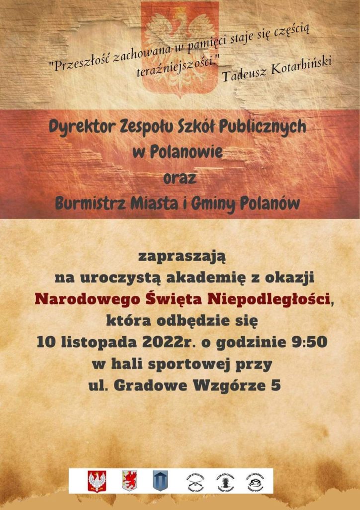 Plakat z zaproszeniem na uroczystą akademię z okazji Niepodległości w Polanowie 10 listopada 2022