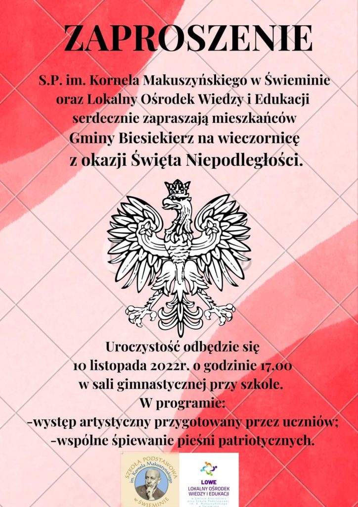 Plakat z zaproszeniem na wieczornicę w Biesiekierzu z okazji Święta Niepodległości