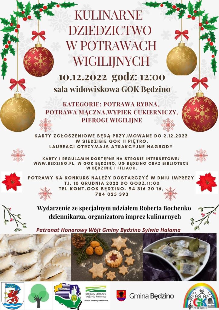 Plakat z zaproszeniem na wydarzenie kulinarne dziedzictwo w potrawach wigilijnych 10 grudnia 2022 w Będzinie
