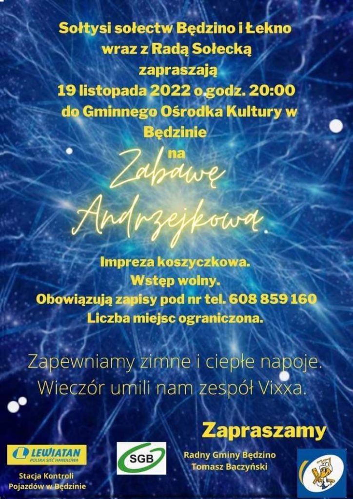Plakat z zaproszeniem na zabawę andrzejkową w Będzinie 19 listopada 2022