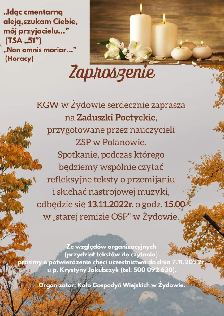 Plakat z zaproszeniem na zaduszki poetyckie w Żydowie 13 listopada 2022
