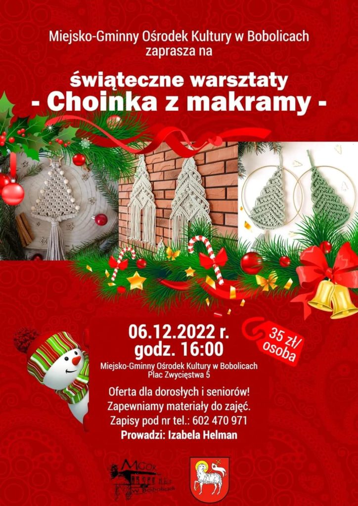 Plakat z zaproszenim do udziału w warsztatach choinka z makramy 6 grudnia 2022 w Bobolicach