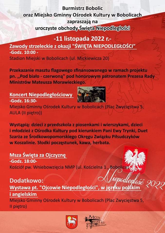 Plakat zapraszający na zawody strzeleckie z okazji święta niepodległości w dniu 11 listopada 2022 w Bobolicach