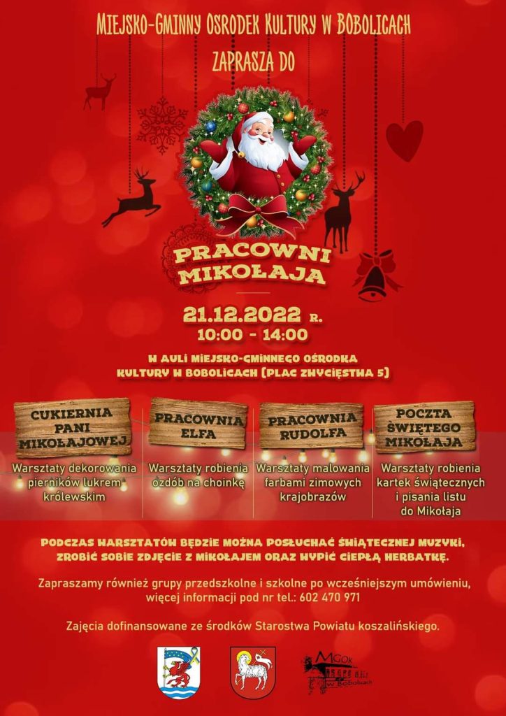 Plakat Pracownia Mikołaja 21 grudnia 2022 w Bobolicach