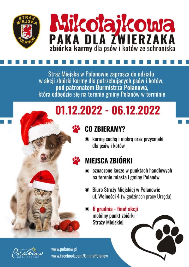 Plakat z zaproszeniem do udziału w zbiórce karmy dla psów i kotów ze schroniska od 1 do 6 grudnia 2022