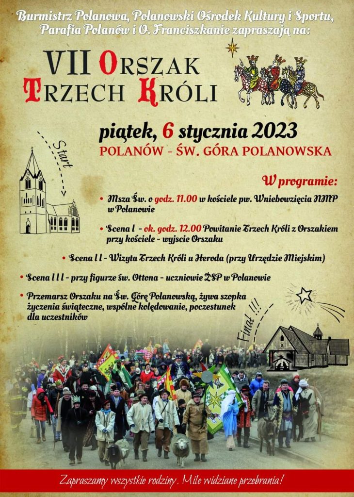 Plakat z zaproszeniem na 7 Orszak Trzech Króli w Polanowie 6 stycznia 2023
